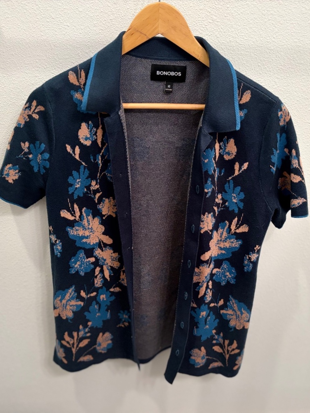 Bonobos Navy Floral Polo Cardigan with Blue and Tan Flowers